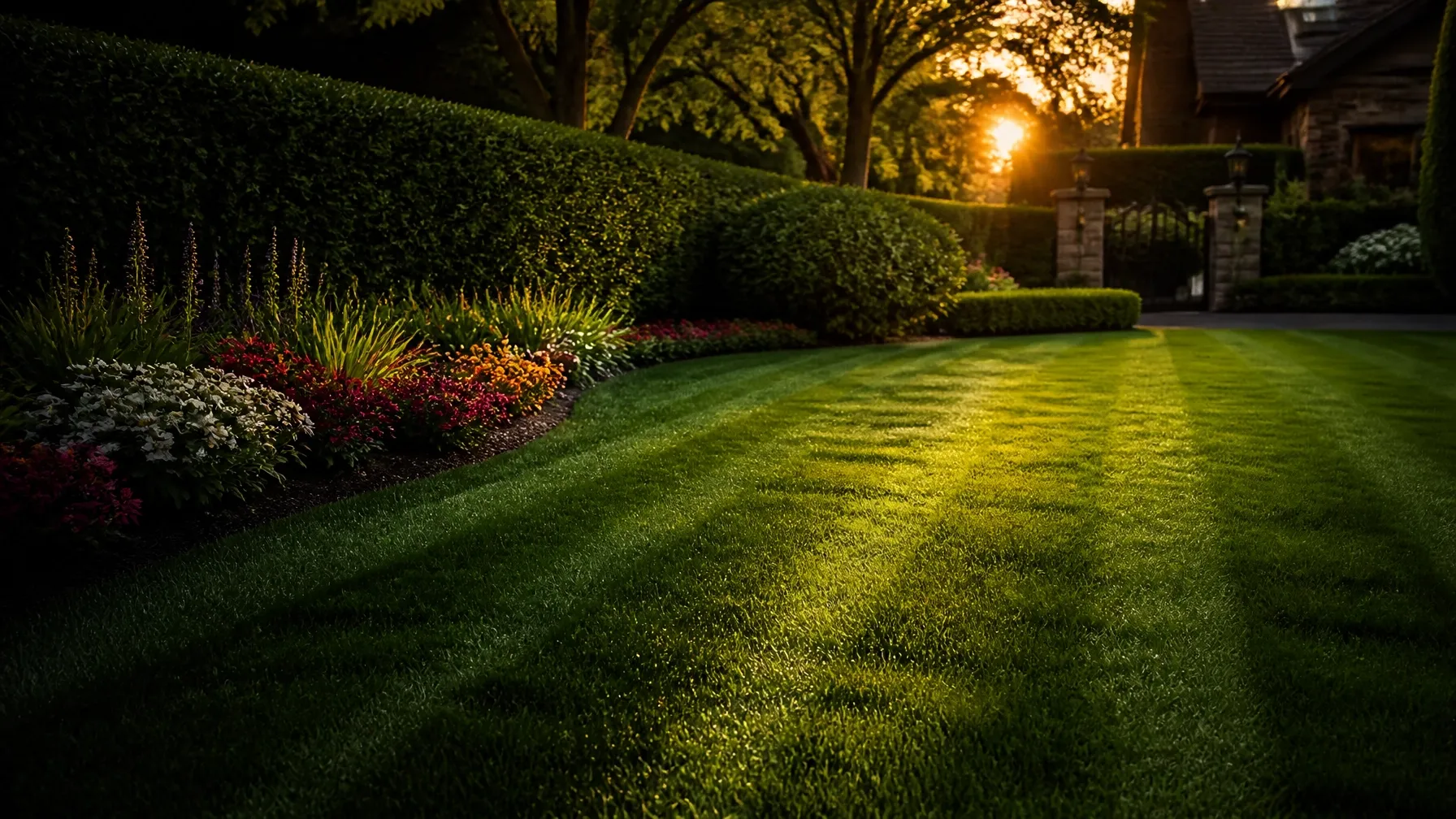 Freshly mowed lawn with crisp mowing stripes at golden hour