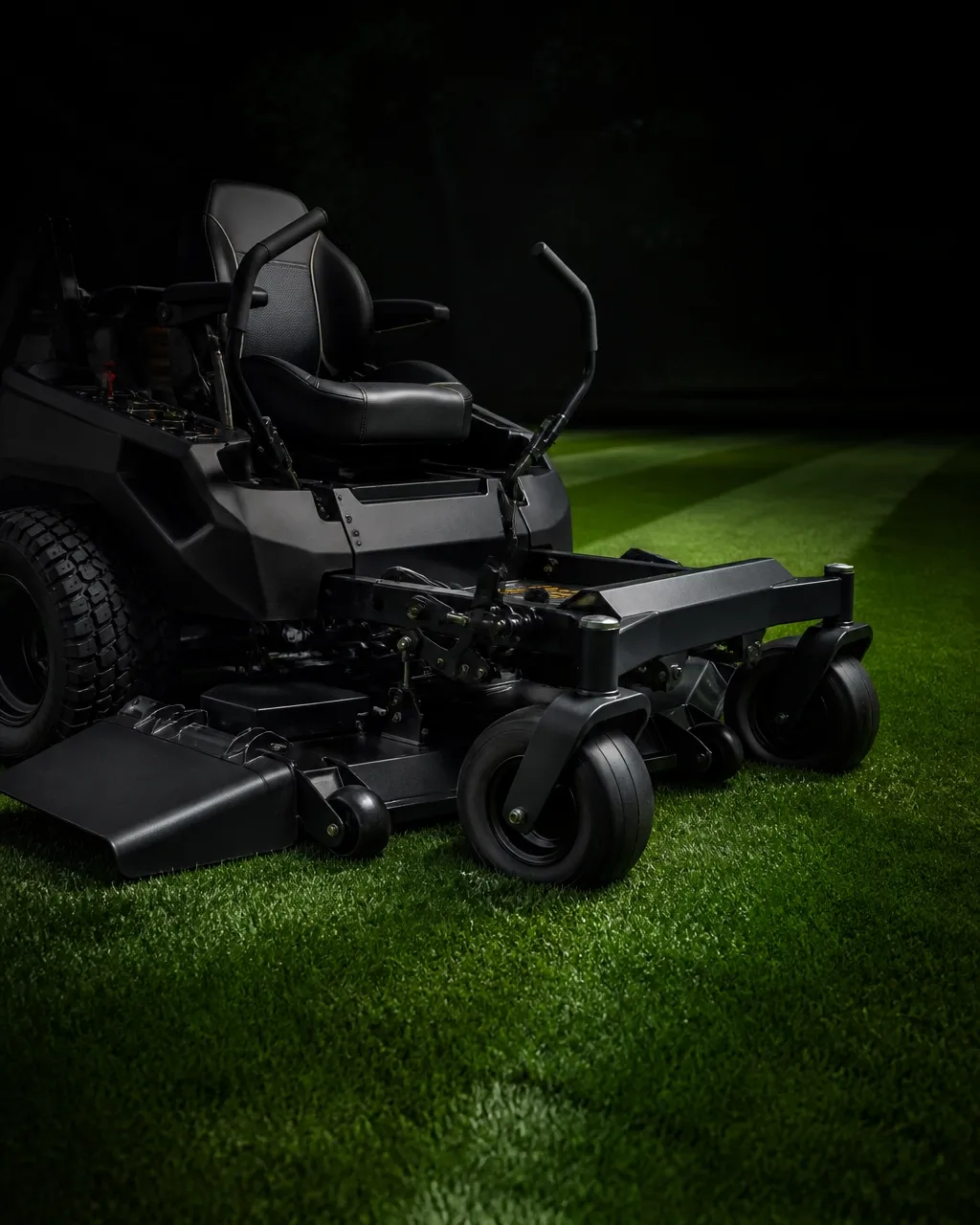 Professional zero-turn mower on a striped green lawn